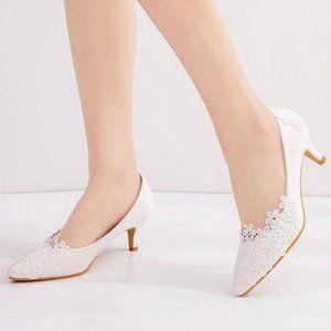 White floral lace kitten heels